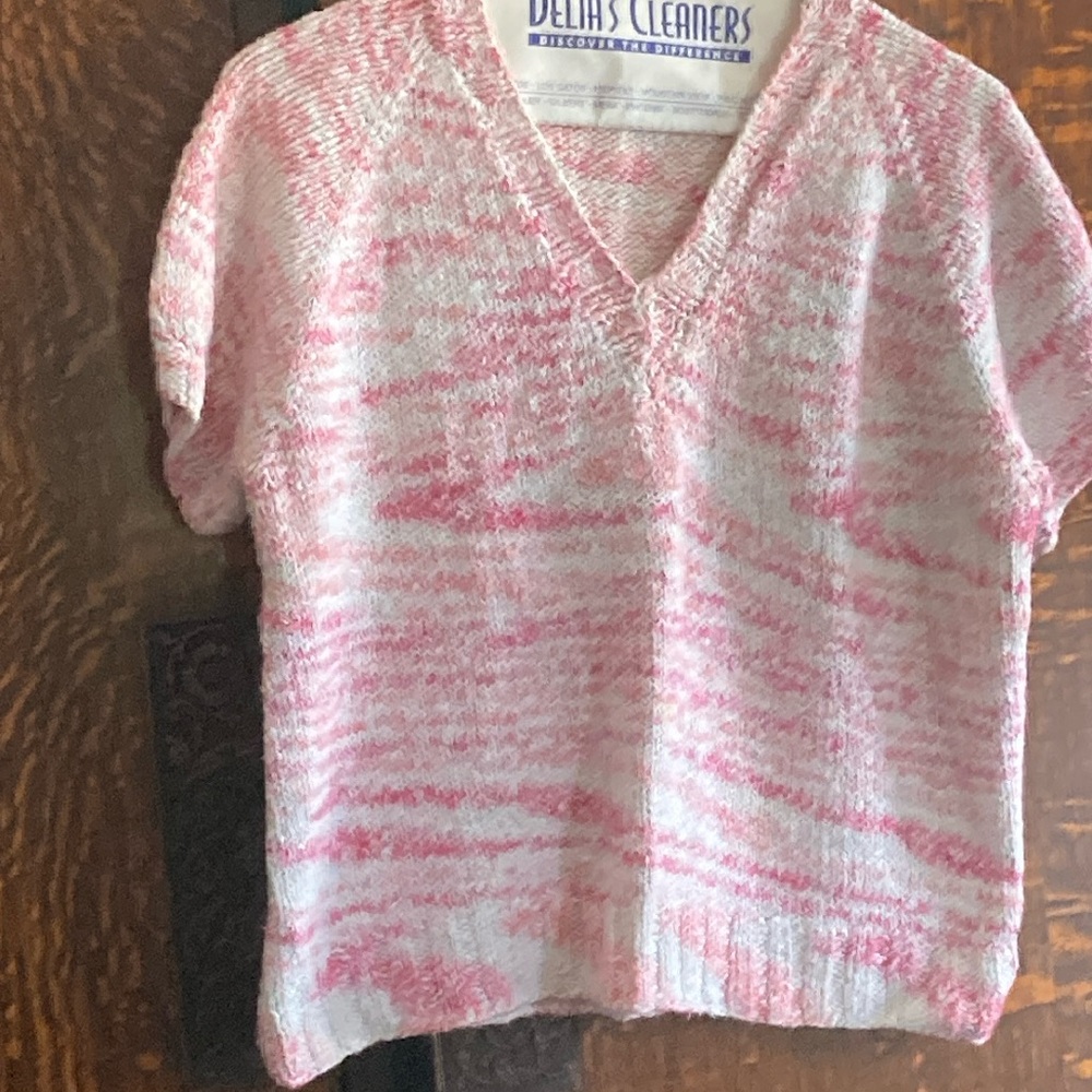 Hand knitted Pink and white V-Neck Women's Sweater.